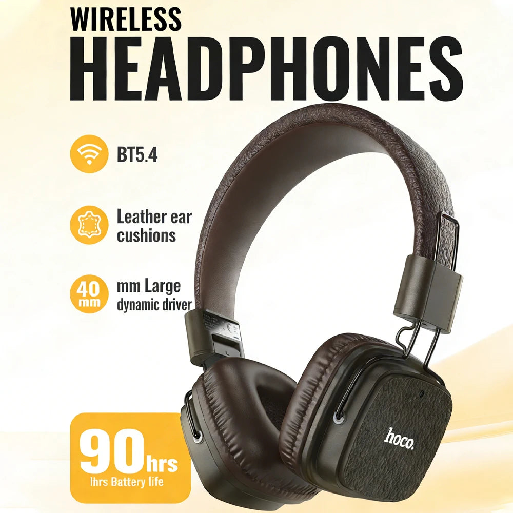 HOCO Retro PU Leather Wireless Bluetooth 5.4 écouteurs de musique de mode stéréo HiFi sur oreiller